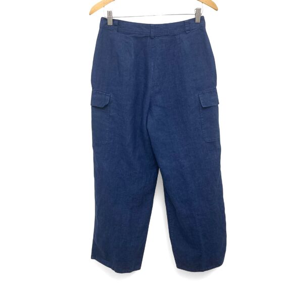 Kate Hill Cargo Pants Size 6 Navy Blue 100% Linen Wide Leg Utility Pockets - Picture 3 of 11